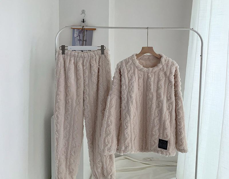 Casual Coral Fleece Jacquard Long Sleeve Top & Pants Pajamas Set