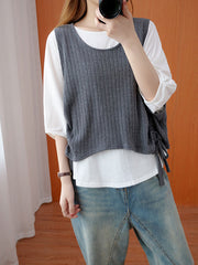 Solid Knitting Vest +Batwing Sleeves T-Shirt