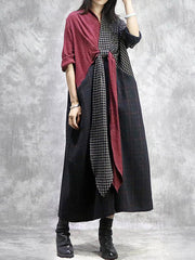 Stitched Plaid Chest Cross V-Neck Maxi Dress