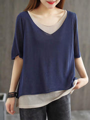 False Two Vintage Loose Half Sleeve V Neck T-Shirt