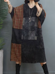 Cowboy Patchwork Plaid Loose Midi Dress