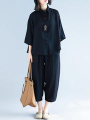 Two-Pieces Black Loose Shirt And Ninth Pants Suit