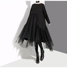 Women Net Yarn Big Swing Skirt Solid Color Dress