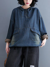 Drawstring Hooded Double Pocket Denim Sweatshirt