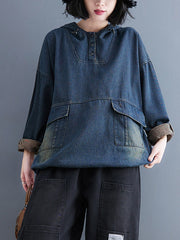 Drawstring Hooded Double Pocket Denim Sweatshirt