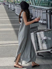 Gray Backless Sleeveless Split-side Long T-shirt Dress