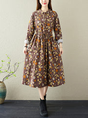 Lapel Lace-Up Floral Midi Dress