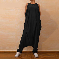 Casual Loose Solid Color Round-Neck Sleeveless Wide Leg Jumpsuit