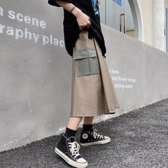 Retro Contrast Color Big Pocket Casual Skirt