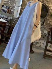 V-Neck Striped Loose Sleeveless Casual Dress