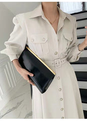 Retro Solid Color Midi Dress With Belt