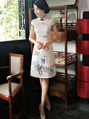 Gray&Creamy Printed A-line Short Cheongsam