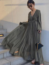 V-Neck High-Waist Long-Sleeved Large Hem Maxi Dress