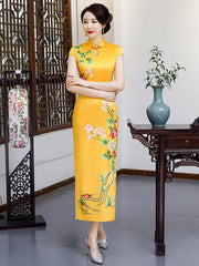 Vintage Floral Printed Silk Long Cheongsams