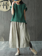 Vintage Solid Loose Round Collar Falbala Sleeve T-Shirt