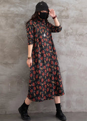 Vintage Floral Printed Stand Collar Midi Dress