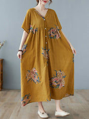 Retro Loose Short Sleeve Print V Neck Dress