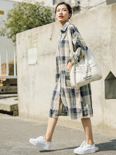 Autumn Plaid Long Sleeves Lapel Linen Blouse Dress