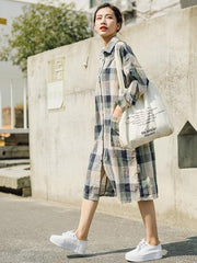 Autumn Plaid Long Sleeves Lapel Linen Blouse Dress
