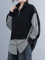 Women Stand Collar Color Block Casual Sweatshirt