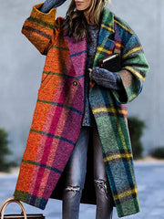 Long Sleeves Loose Plaid Split-Joint Lapel Outerwear Woolen Coat
