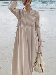 V-Neck High Waist Solid Color Long Sleeve Straight Dress