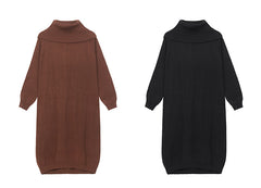 Retro Solid Color Knitted High-Neck Midi Dress