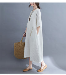 Women Retro Embroidered Solid Color Pullover Dress