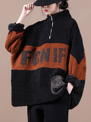 Zipper Printed Loose Color-Block Sweatshirt