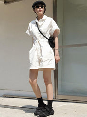 Vintage Simple Tooling Solid Wide Leg Shortts Rompers