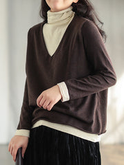 Winter Retro Women Knitted Top Wool Blend Fake Two-Piece Sweater