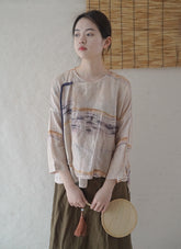 Retro Ink Print Lace-Up Casual Shirt