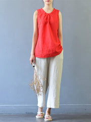 Simple Pure Color sleeveless Ramie Cotton Shirt