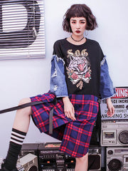 Stylish Jean Splicing Hip-Hop Printed Plaid False Two Dress