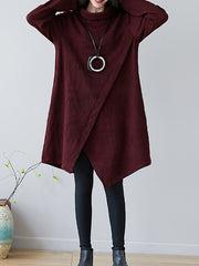 Women Solid Color High Collar Casual Dress