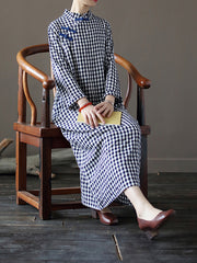 Retro Plaid Stand Collar Cheongsam Midi Dress