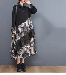 Loose Print Patchwork Shirt Midi Dress