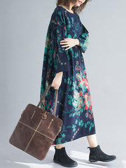 Vintage Large Flower Round-Neck Midi Dress
