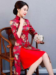 Autumn Flower Print Split-front Stand-collar Long Cheongsam