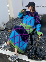 Casual Roomy Long Sleeves Contrast Color Round-Neck Sweater Dresses