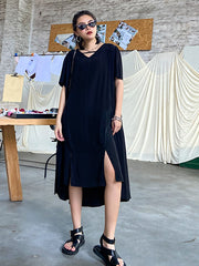 Original Solid Round-Neck Split-Side Dress