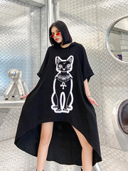 Irregular Design Cat Printed Midi Dress