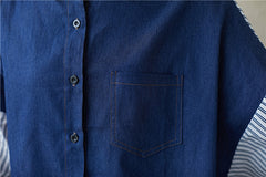 Lapel Denim Split-Joint Striped Shirt
