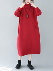 High-Neck Solid Simple Midi Dress