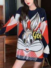 Sequined Cartoon Printed Round-Neck Sweater