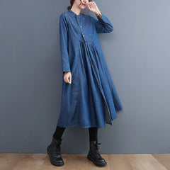 Retro Denim A-Line Stand Collar Midi Dress