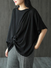 Solid Color Splicing Cropped Pleated T-Shirt