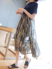 Stripe Splicing Pleated Empire Midi Dress