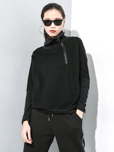 Black Zipper Stitching Turtleneck Sweatshirt