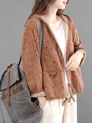 Women Retro Hooded Print Casual Coat